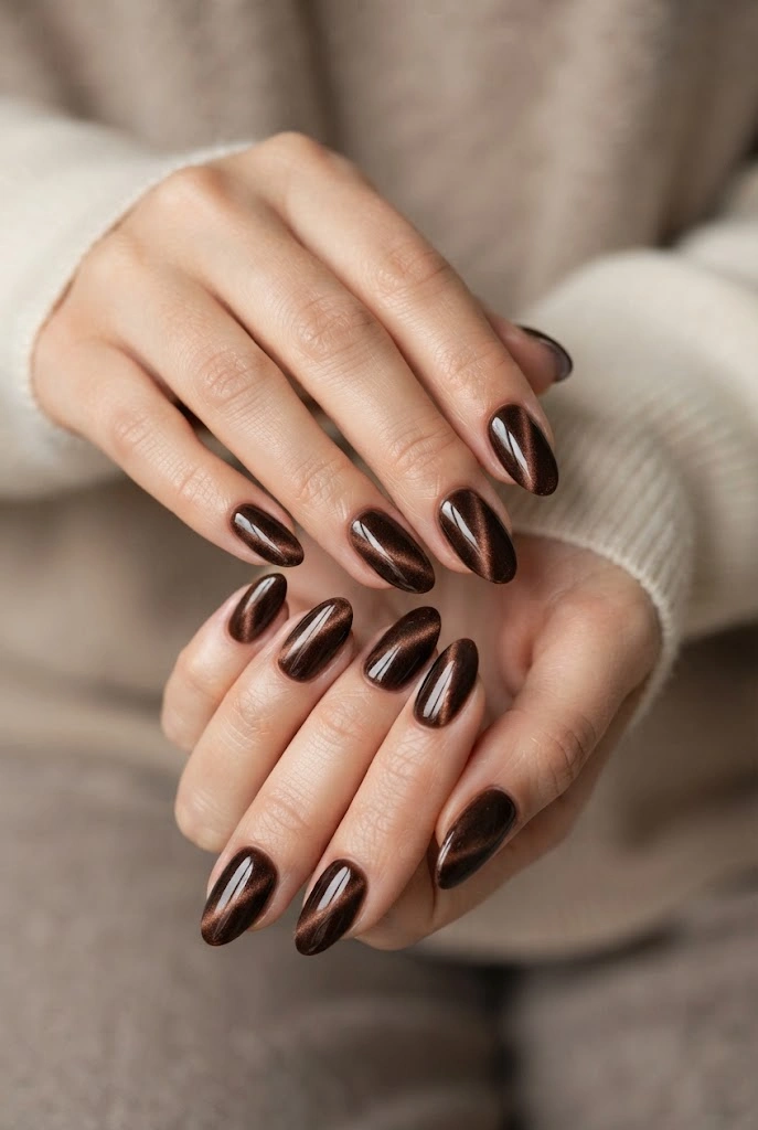 1. Chocolate Brown Velvet Cat-Eye Nails