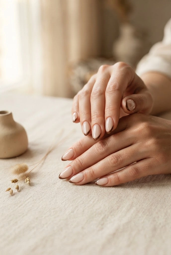 Milky nude almond nails with thin chocolate-brown French tips.