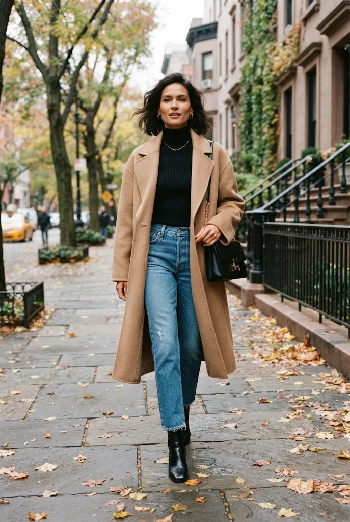 1. Oversized Camel Coat + Black Turtleneck + Straight-Leg Jeans