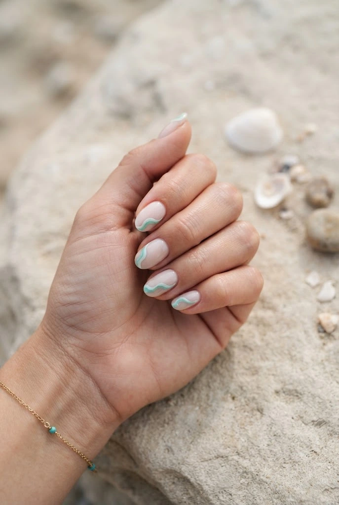 Seafoam-green wave nail art on a glossy nude almond manicure.
