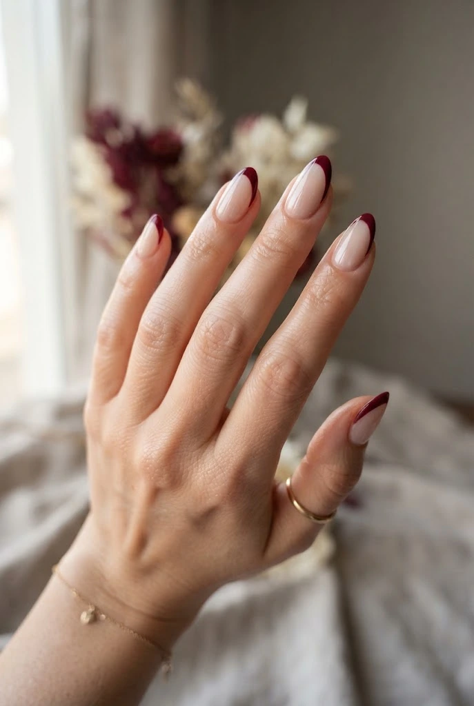 Milky nude almond nails with asymmetrical burgundy side-French accents.