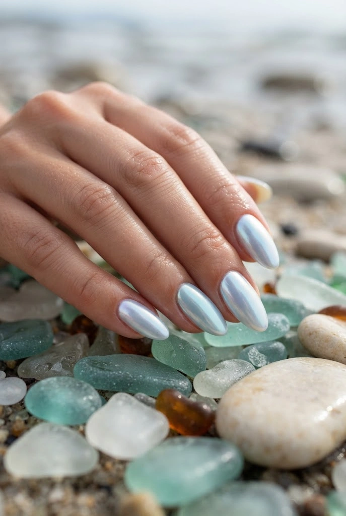 Iridescent pearl chrome nails with subtle aqua and lavender shifts.