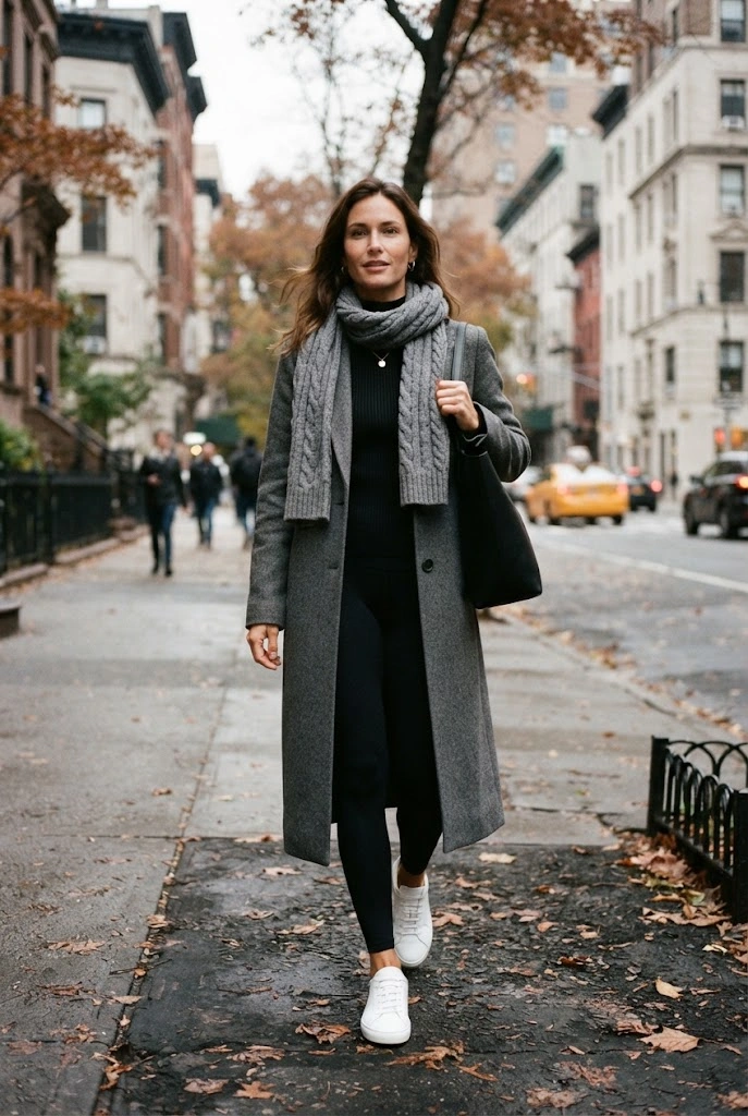 10. Long Gray Coat + Black Leggings + Sneakers