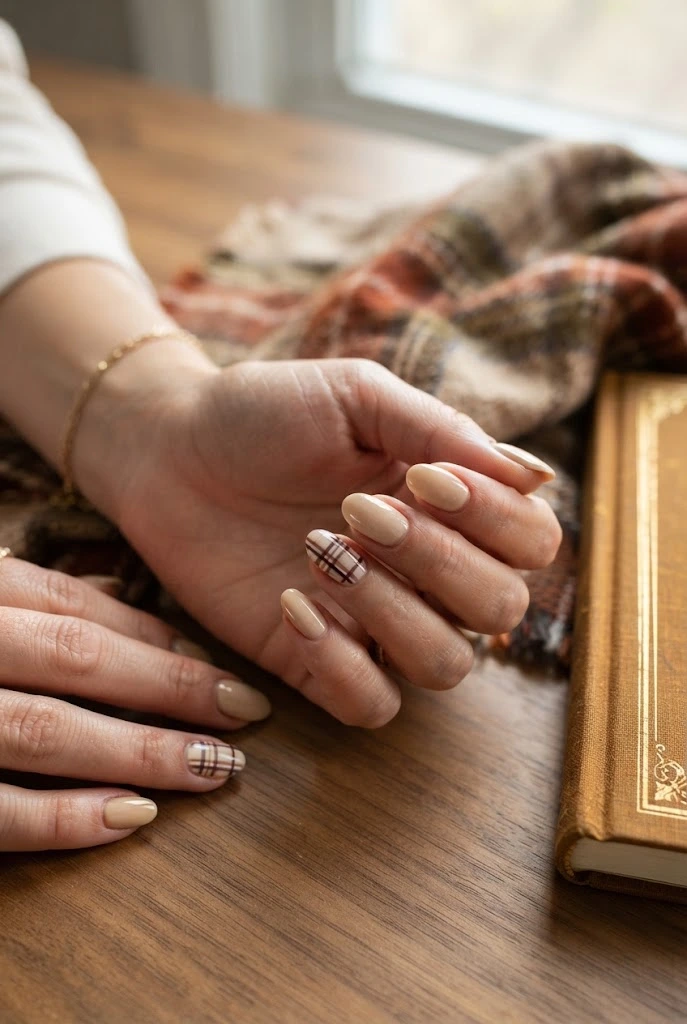 Neutral beige manicure with delicate brown and burgundy plaid accent nails.