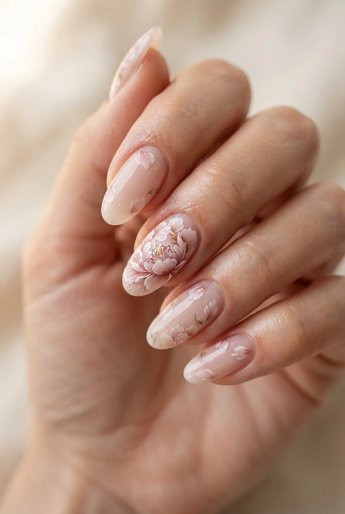 Blush oval nails featuring layered pink peony-inspired flowers.