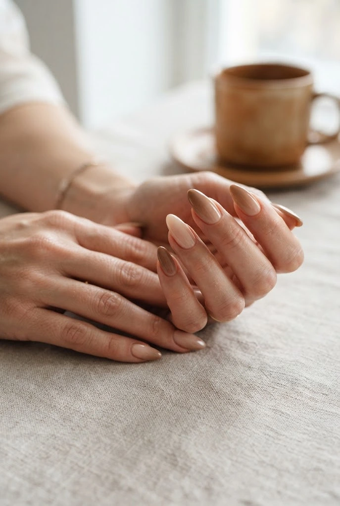 Almond nails fading from creamy nude into warm mocha brown.