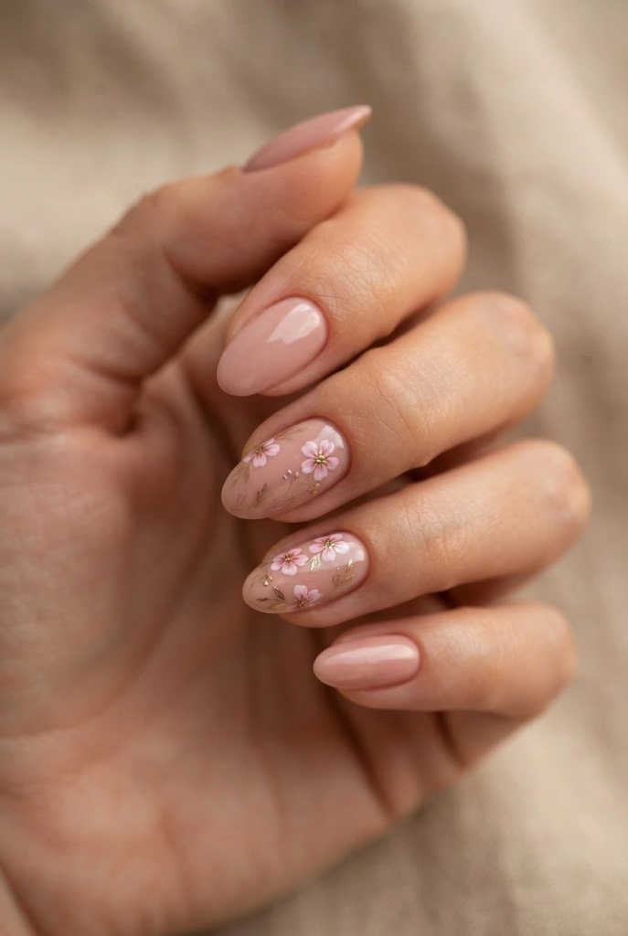 Blush pink floral nails with delicate gold accents.