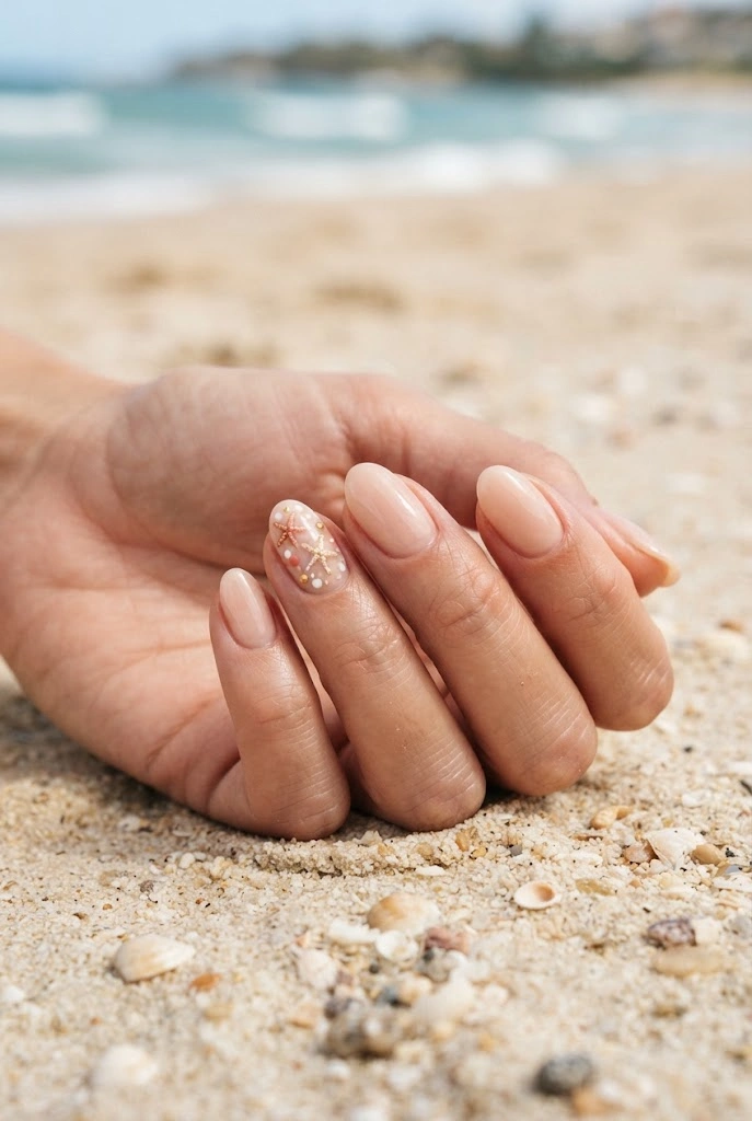 Sheer nude coastal nails with tiny starfish accent details.