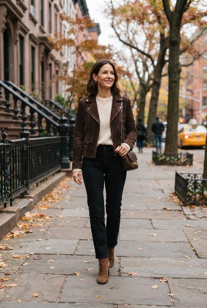 12. Brown Suede Jacket + Cream Knit + Black Denim