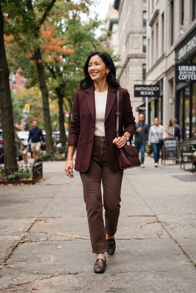 12. Burgundy Blazer + Chocolate Brown Jeans