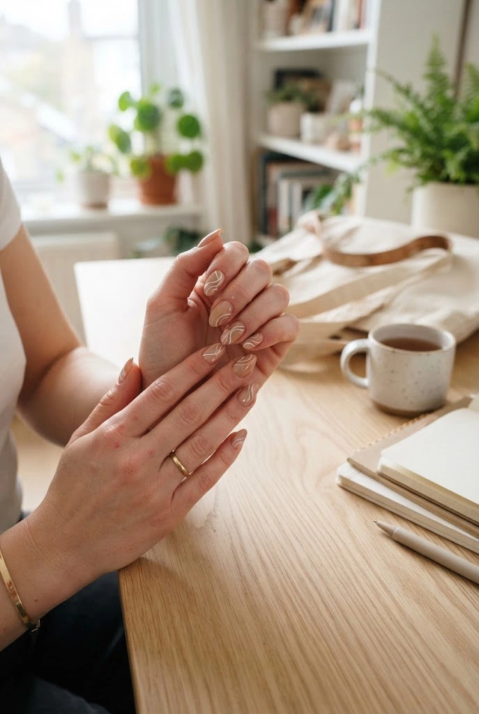 Almond nude nails decorated with delicate white swirl lines.