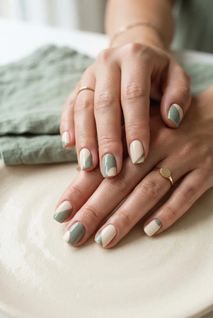 Sage green and cream minimalist color-blocked nails.
