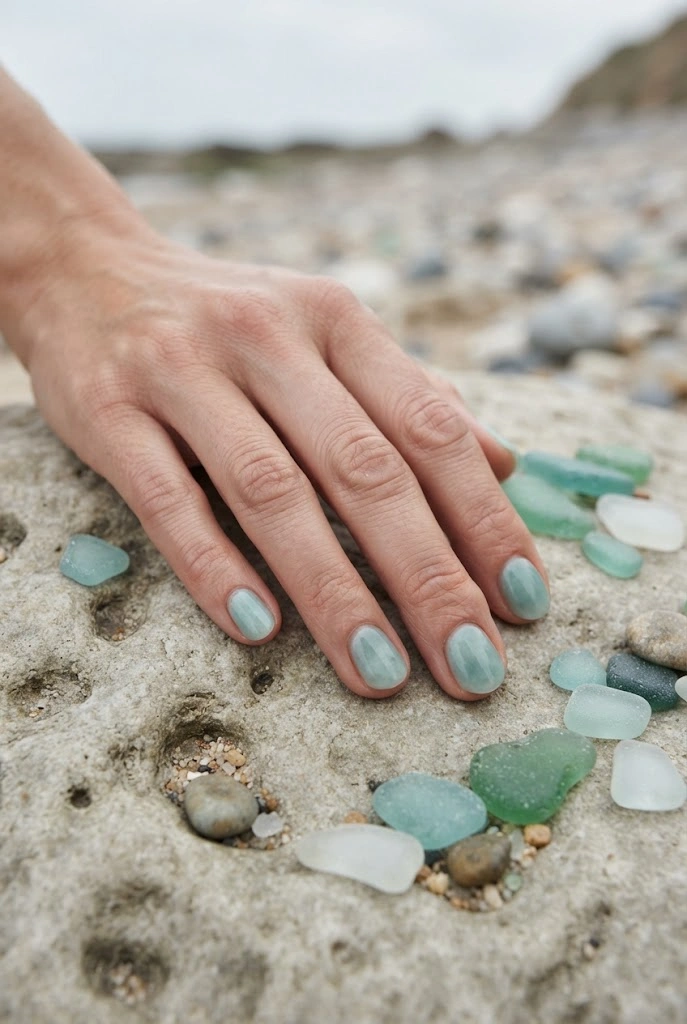 Muted translucent sea-glass green manicure on short rounded nails.