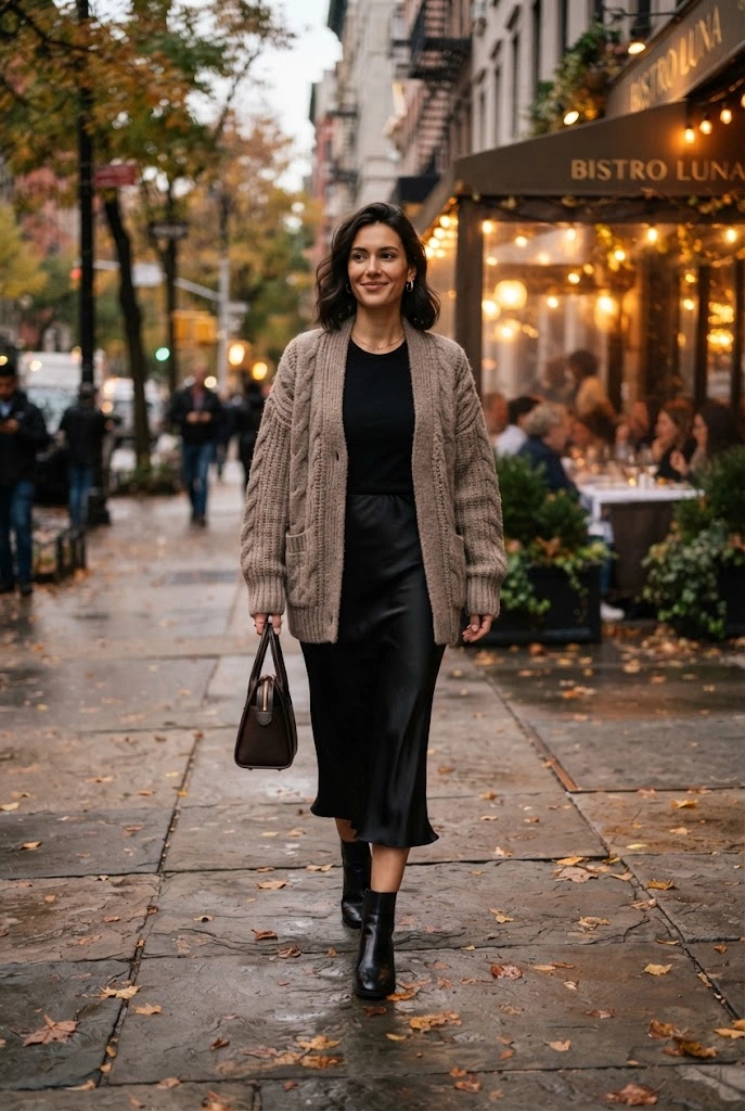 13. Chunky Cardigan + Satin Skirt + Ankle Boots