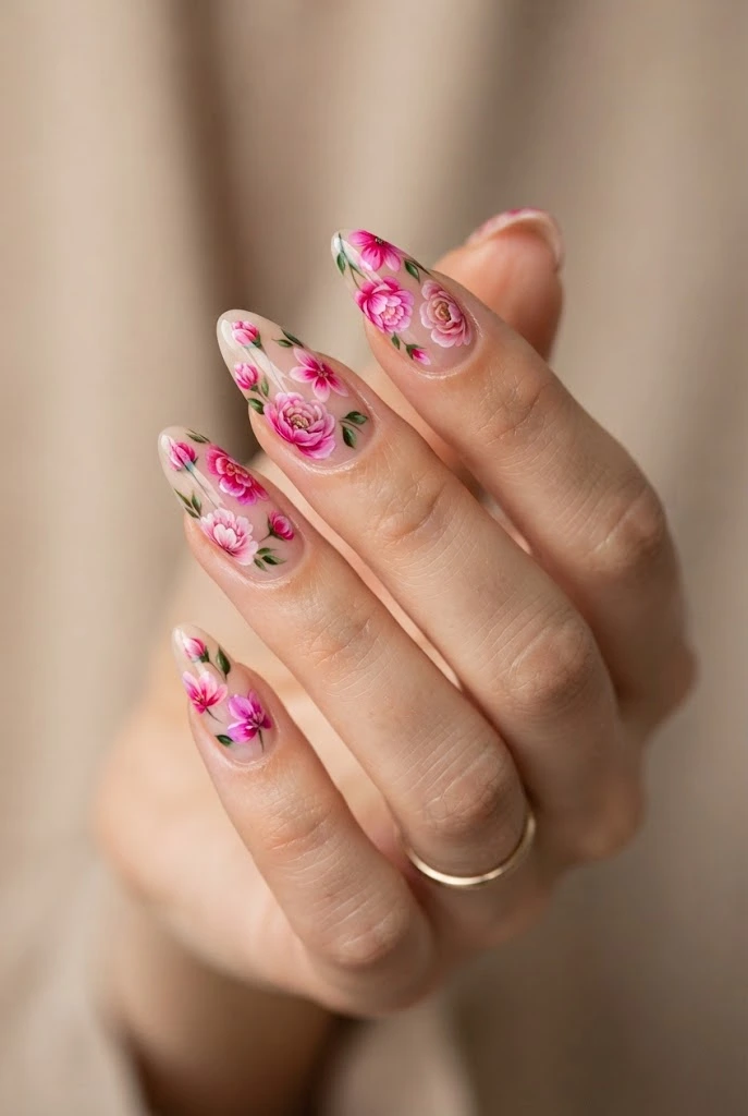 Long almond nails with vivid hot pink floral designs.