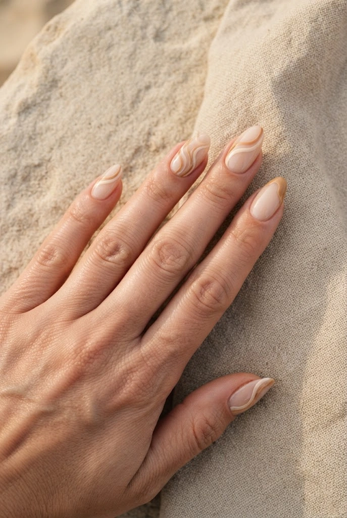 Cream, tan, and caramel sandy swirl French nails.