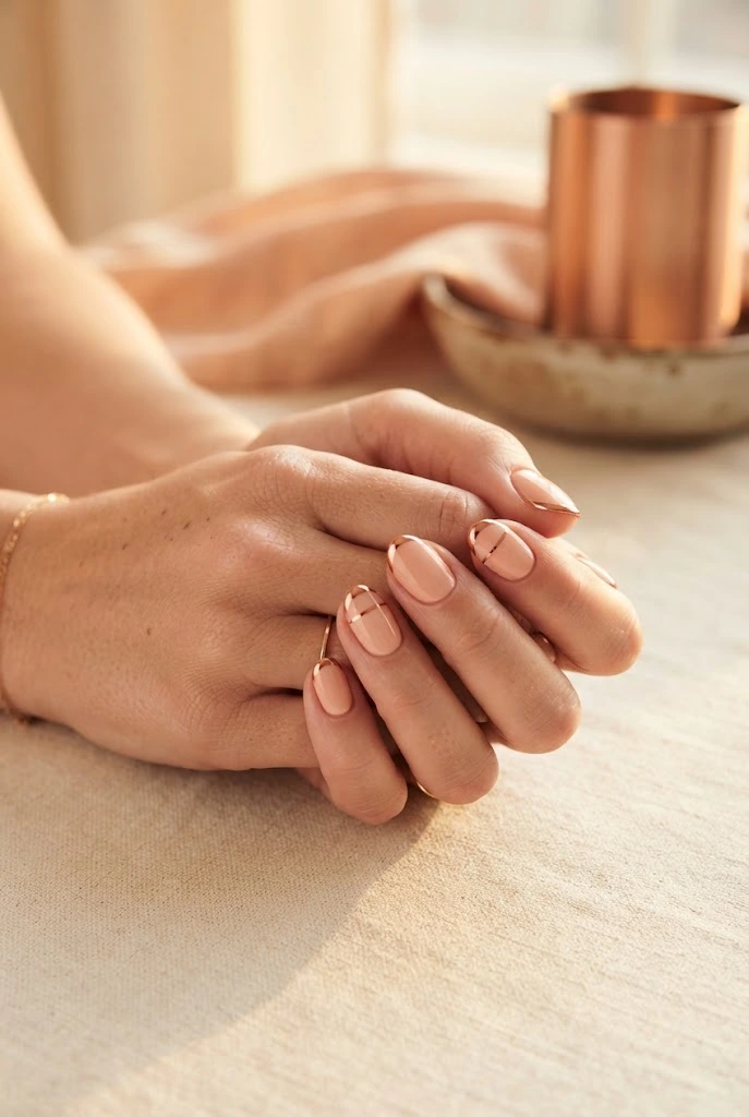 Soft peach nails with delicate copper chrome accents.