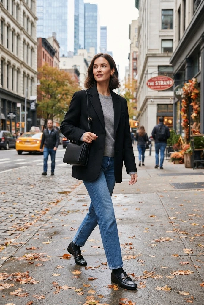 14. Black Blazer + Gray Sweater + Blue Jeans