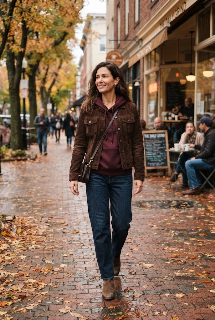 14. Burgundy Hoodie + Chocolate Brown Suede Jacket