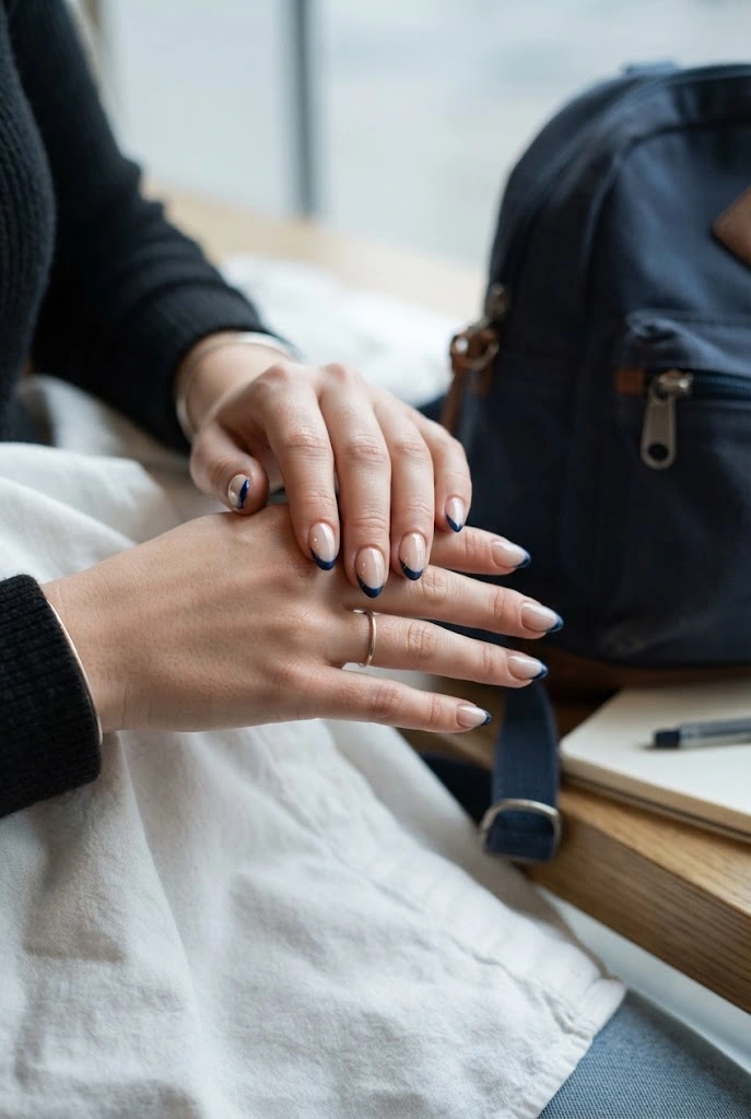 Almond nails with sheer nude bases and crisp navy French tips.