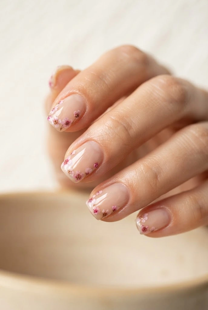 Negative-space nails with delicate pink flowers along the edges.