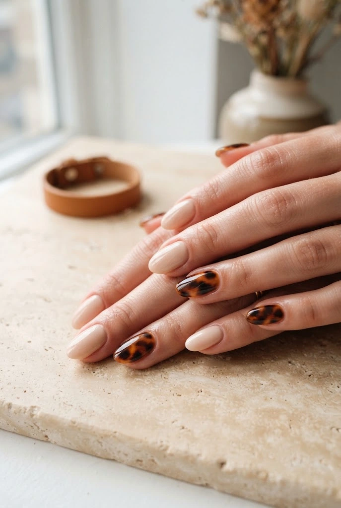 Nude nails with caramel and brown tortoiseshell accent nails.