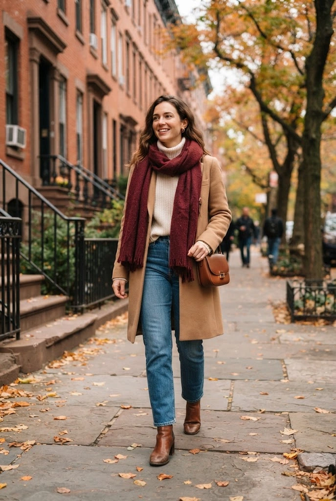 15. Burgundy Scarf + Camel Coat + Denim