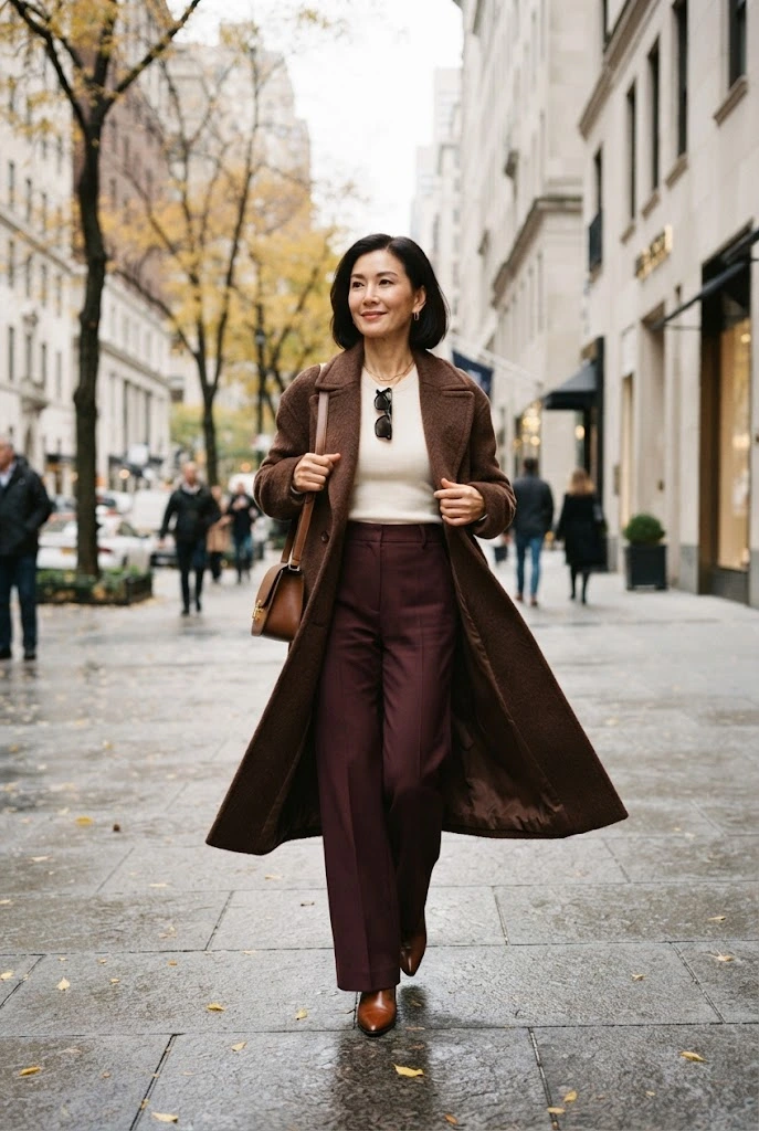 15. Chocolate Brown Coat + Burgundy Trousers