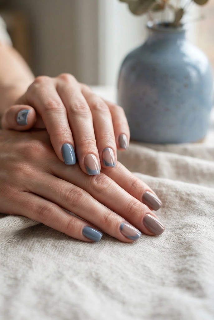 Dusty blue and warm taupe nails with minimalist French accents.