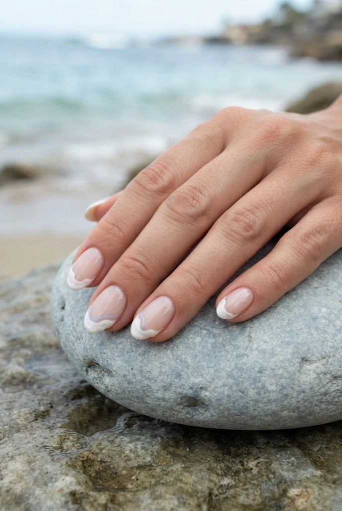Nude French manicure with soft white ocean-foam-inspired tips.
