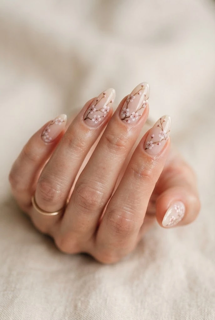 Blush almond nails with delicate pink cherry blossom branches.