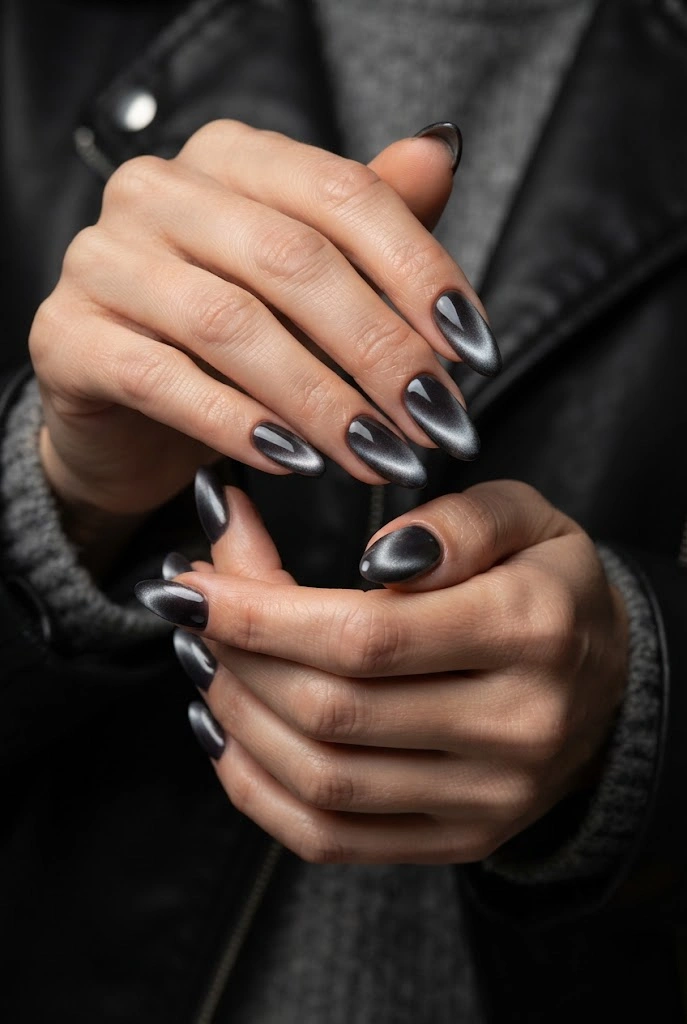 15. Smoky Gray Cat-Eye Nails