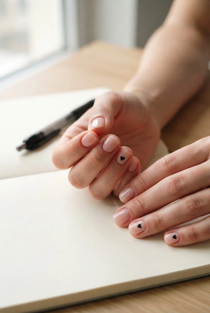 Short blush nails with tiny black heart accent details.