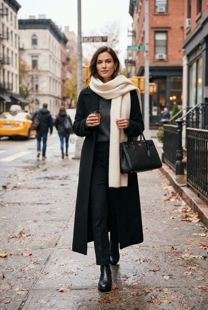 16. Black Maxi Coat + Cream Scarf + Chelsea Boots