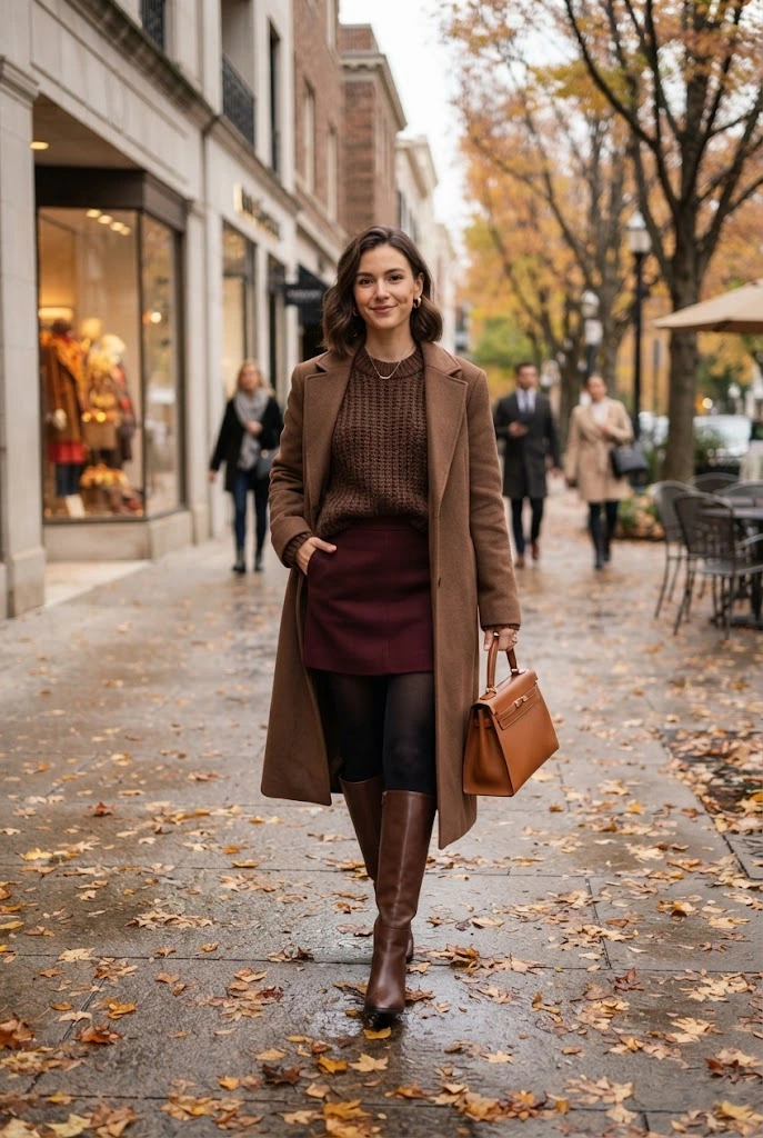 16. Burgundy Mini Skirt + Chocolate Brown Knee-High Boots