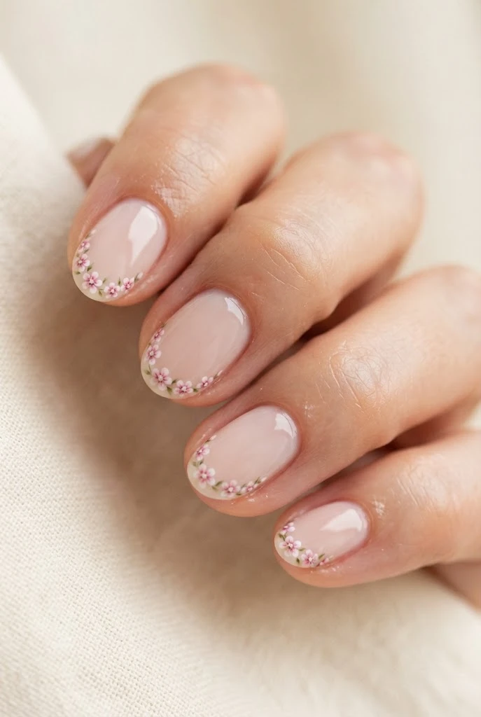 Minimal oval nails with tiny pink floral French tips.