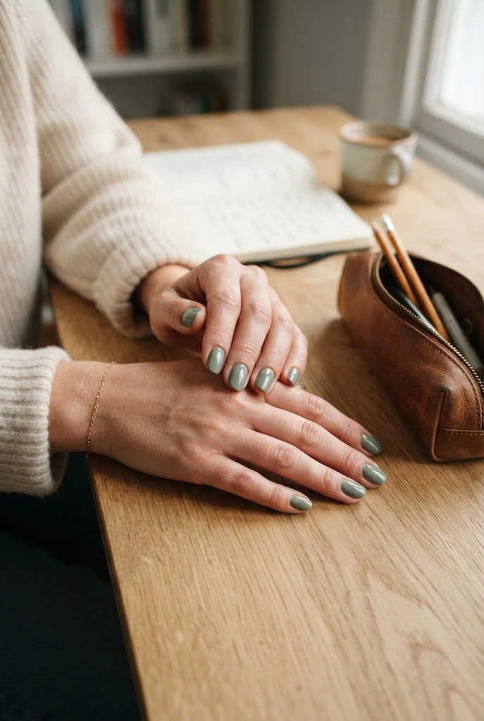 Glossy muted sage green squoval nails with neutral school accessories.