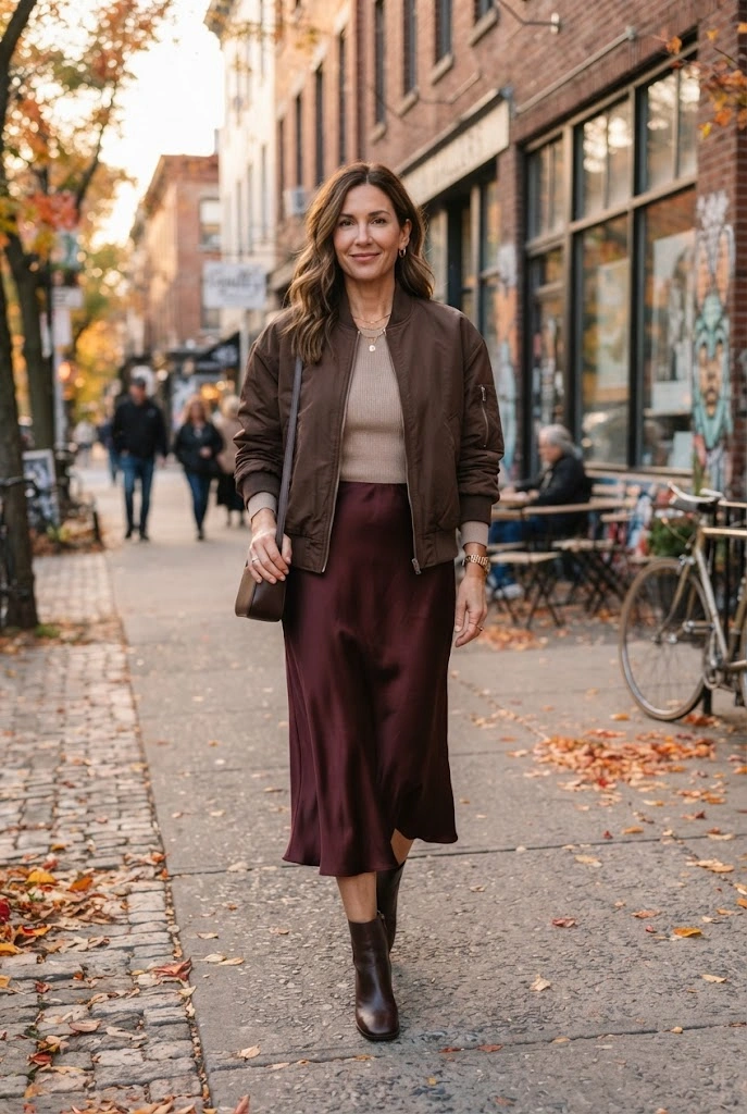 17. Chocolate Brown Bomber + Burgundy Satin Skirt