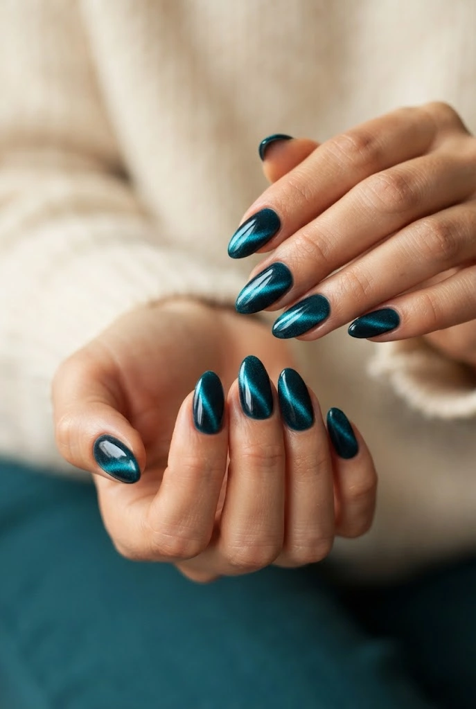17. Deep Teal Velvet Nails