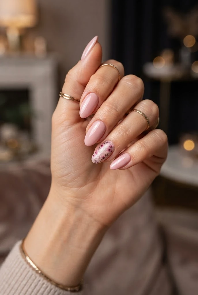Blush pink almond nails with fine glitter and floral accents.