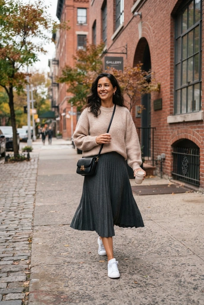 17. Soft Beige Sweater + Pleated Skirt + Sneakers