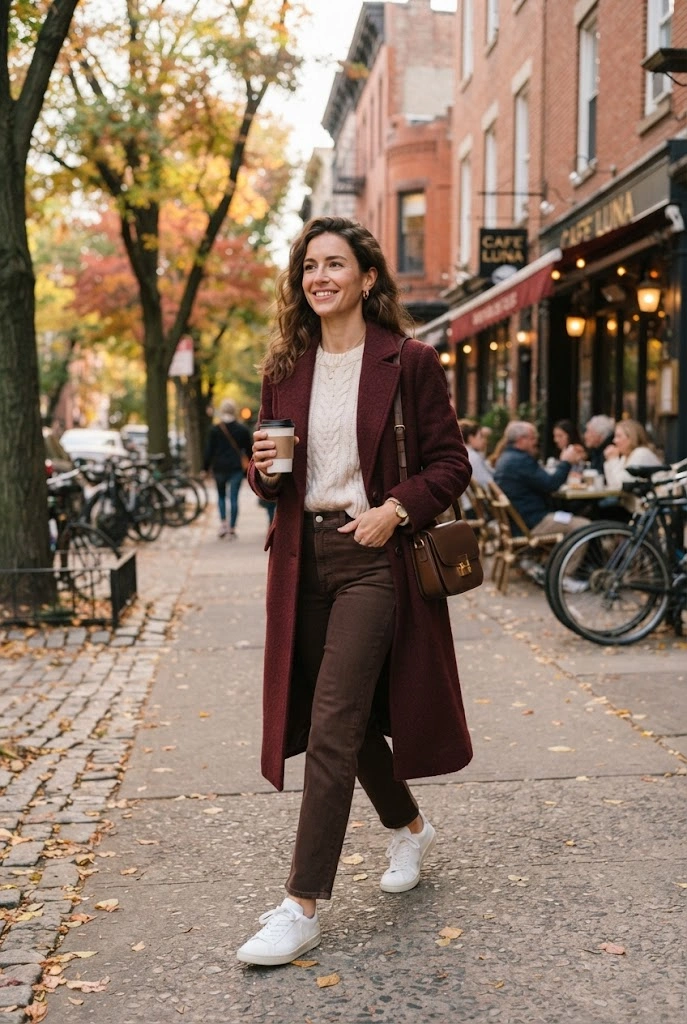 18. Burgundy Coat + Chocolate Brown Jeans + White Sneakers
