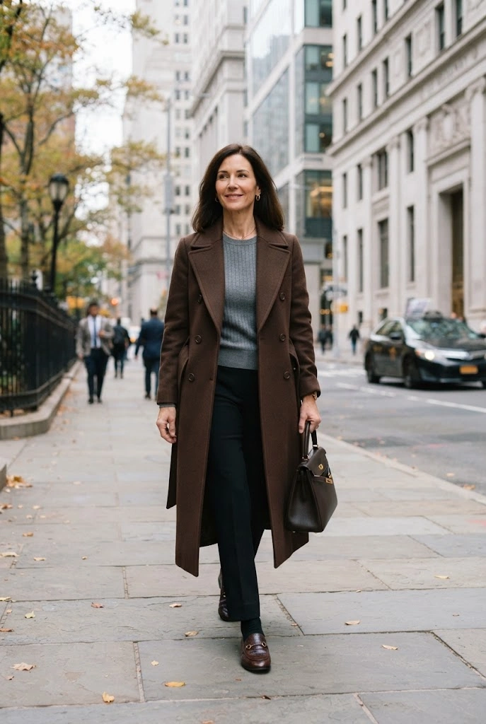 18. Chocolate Brown Coat + Gray Knit + Black Trousers