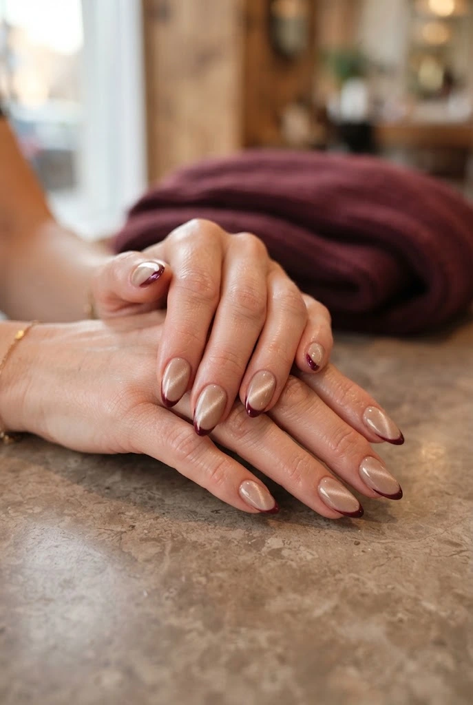 Neutral velvet cat-eye nails finished with thin burgundy French tips.