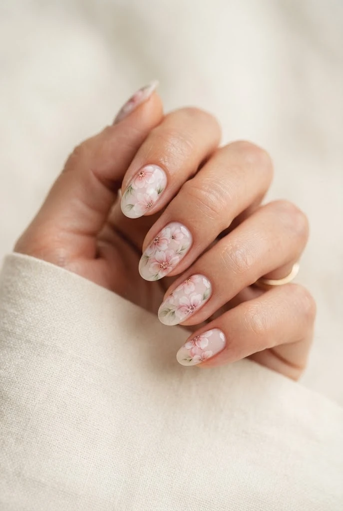 Soft watercolor-style pink flowers on pale pink oval nails.