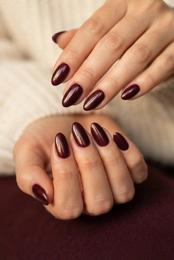 19. Burgundy and Gold Shimmer Nails