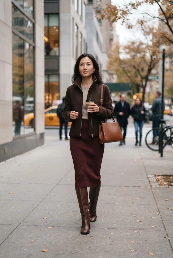 19. Chocolate Brown Funnel-Neck Jacket + Burgundy Knit Skirt