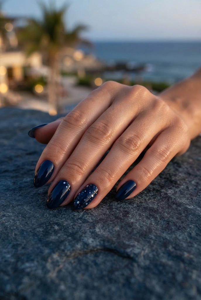 Glossy navy coastal nails with tiny silver reflective details.
