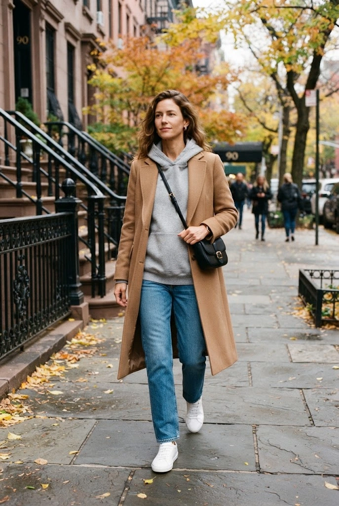 19. Oversized Gray Hoodie + Tailored Coat + Jeans
