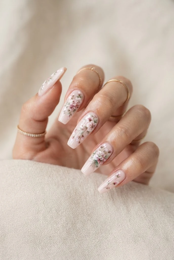 Long coffin nails with layered pink and white floral artwork.